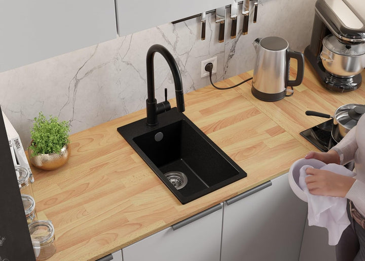 PRIMAGRAN Spülbecken Schwarz 28x50cm, Granitspüle 1 Becken + Ablauf-Set, Küchenspüle ab 30er Untersc