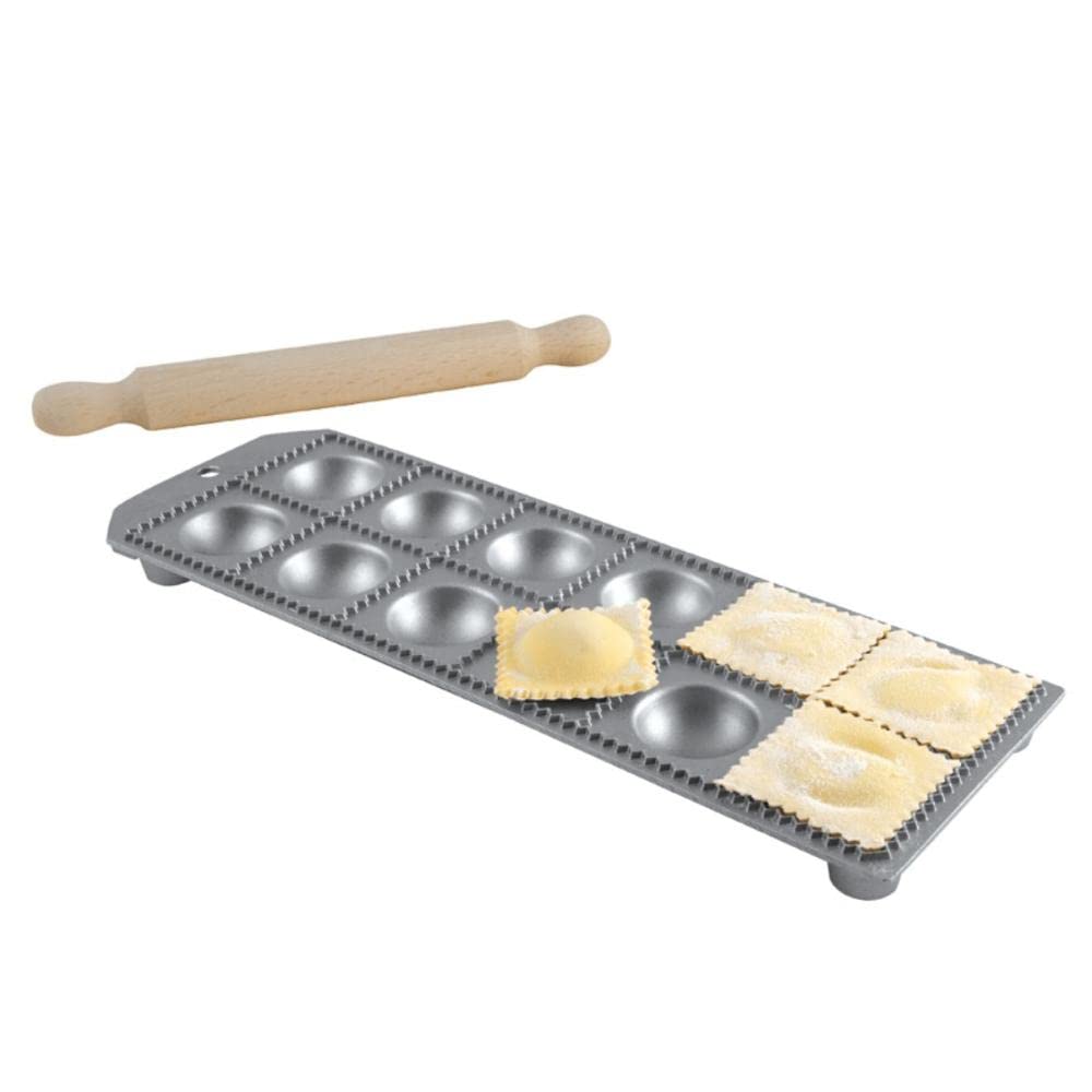 Eppicotispai Ravioli-Maker aus Aluminium mit 12 Löchern, rund, mit Nudelholz