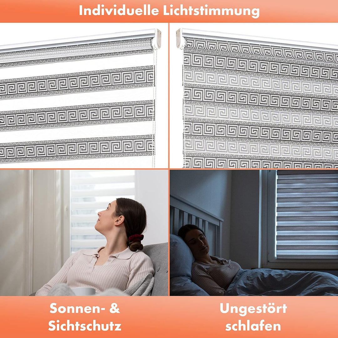 Doppelrollo mit Muster Mäander Deko Griechischer Schlüssel Ornament Motiv Klemm Duo Rollos für Fenst