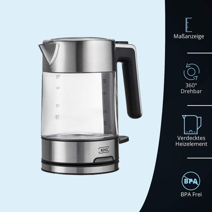 KHG Wasserkocher WK-106 GE Glas, 1 Liter, abwaschbarer Kalkfilter, Wasserstandsanzeige, Öffnen per K