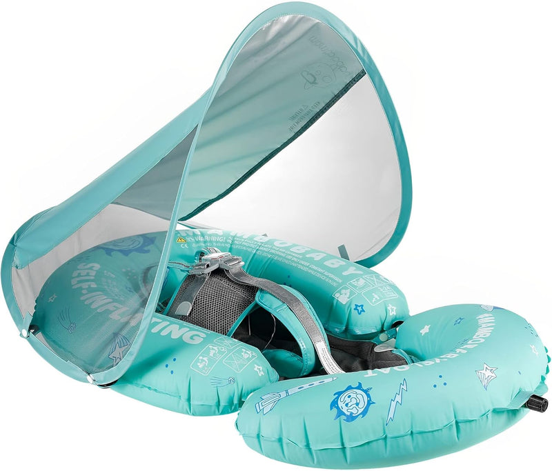 HECCEI Schwimmring Baby mit Sonnendach, Mambobaby Autom Aufblasbare Baby Schwimmhilfe, Kompaktes Fal