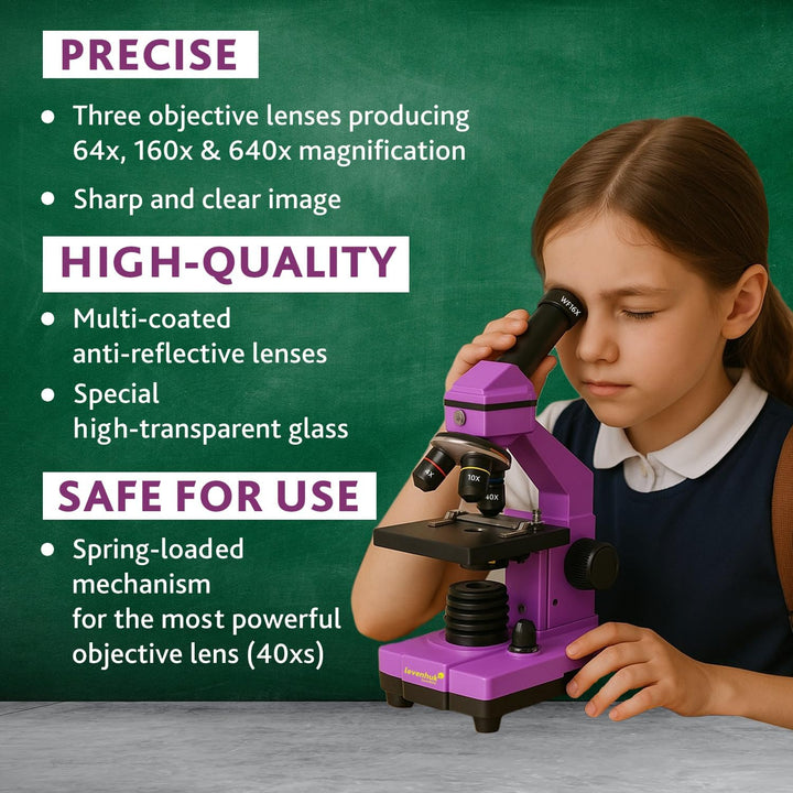 Levenhuk Rainbow 2L Plus Amethyst Kinder Heimlabor STEM-Set mit Tragbarem Biologischen Mikroskop mit