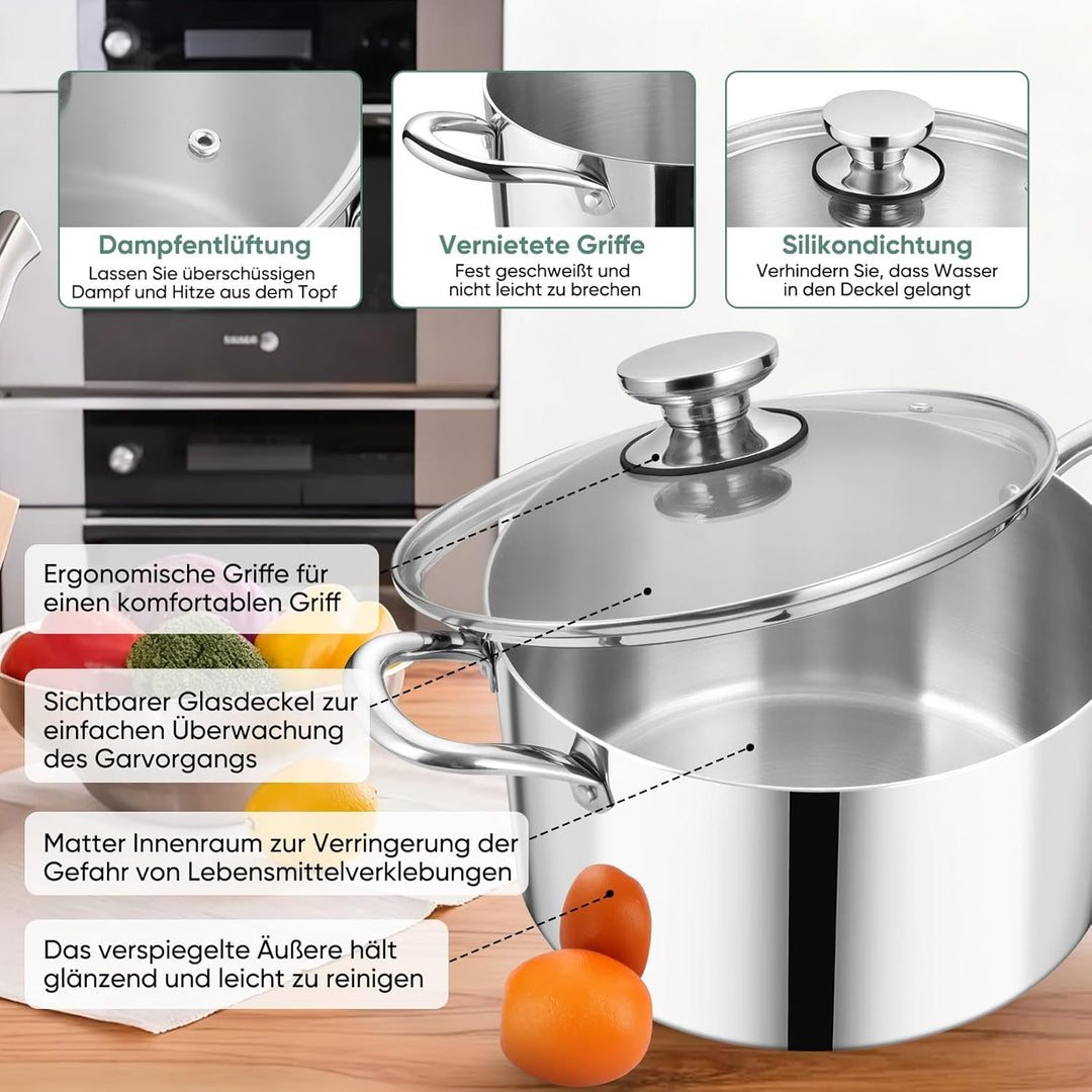 Kochtopf, Onader 3-Lagen Edeastahl Topf Induktion, 7,5L Gross Kochtöpfe Nudeltopf Suppentopf mit Gla