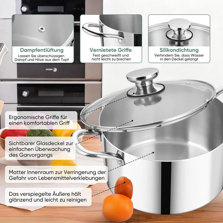 Kochtopf, Onader 3-Lagen Edeastahl Topf Induktion, 7,5L Gross Kochtöpfe Nudeltopf Suppentopf mit Gla