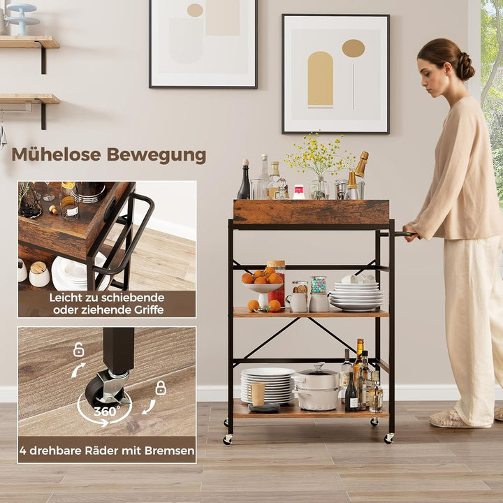 COSTWAY 3 stufiger Servierwagen, Küchenwagen mit abnehmbarem Tablett & Griff, bis 110 kg, 2 in 1 Küc