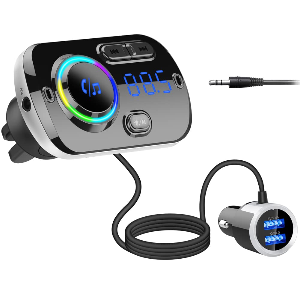 Bluetooth FM Transmitter für Autoradio,HIDOU Bluetooth 5.0 Autoradio Adapter Empfänger mit 7 Farblic