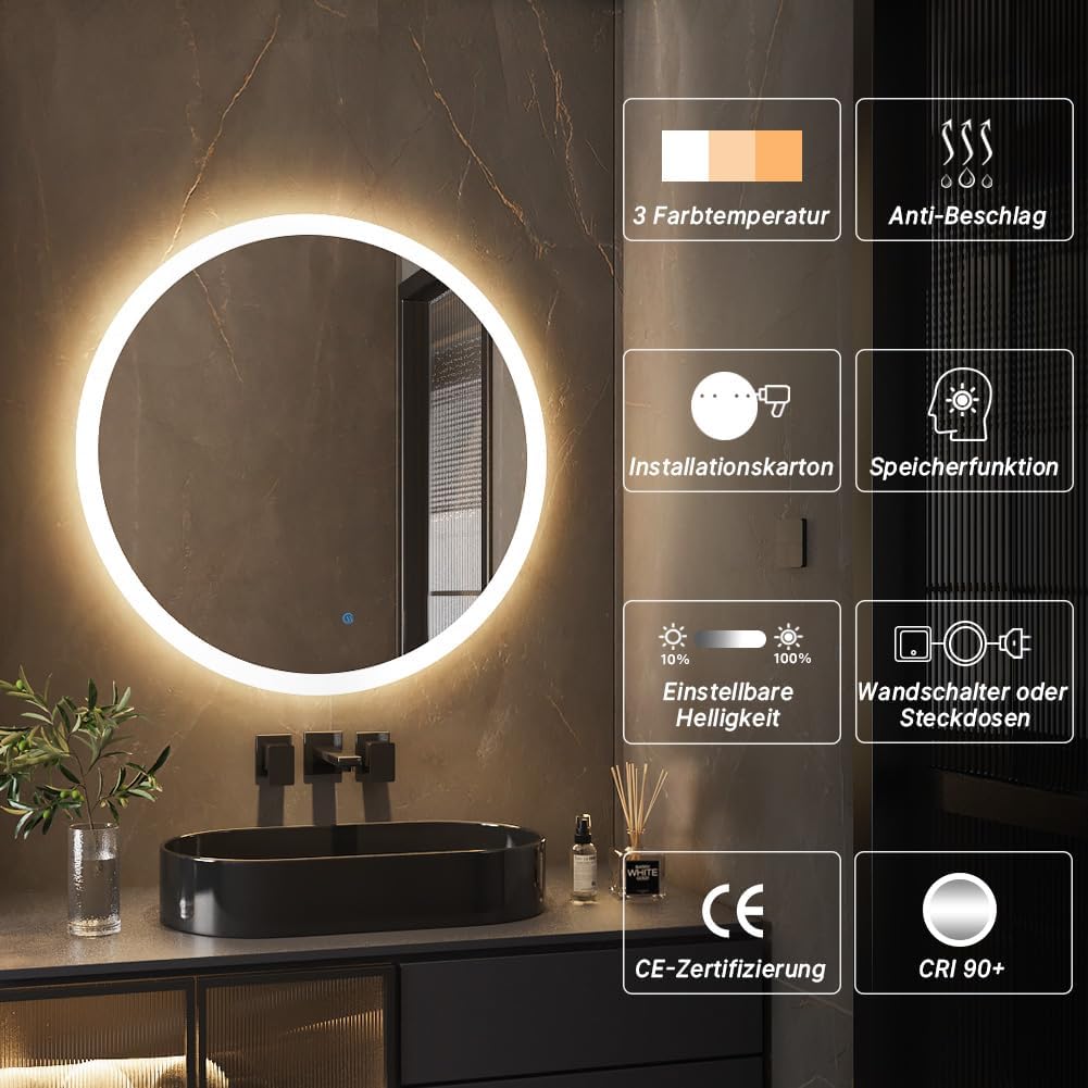 60cm Runder Badspiegel mit Beleuchtung, 3D Edge Lighting, 3 Farbtemperaturen, Dimmbar, Badezimmerspi