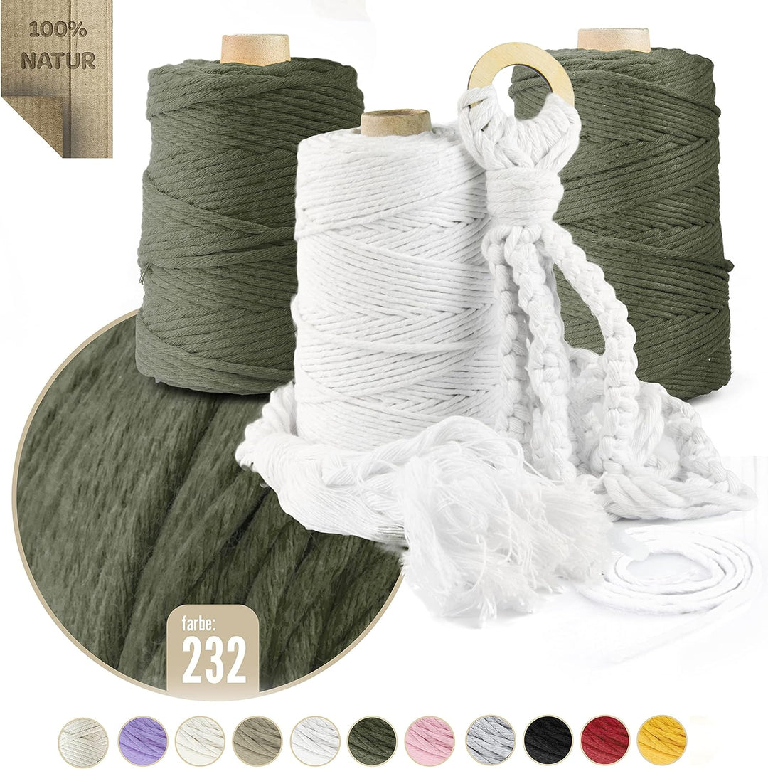 Seiletech.de Premium MAKRAMEE GARN | 1000m | 3mm | Olivgrün | 100% Baumwolle | Kordel Natur | Baumwo