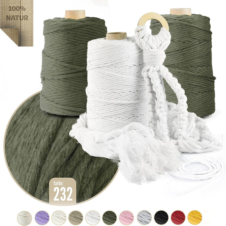 Seiletech.de Premium MAKRAMEE GARN | 1000m | 3mm | Olivgrün | 100% Baumwolle | Kordel Natur | Baumwo