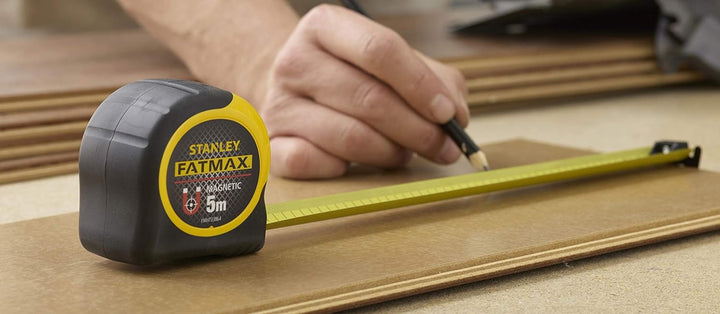 Stanley FatMax Bandmass Blade Armor, Magnethaken (5 m Länge, Feststeller, automatischer Rücklauf, Gü