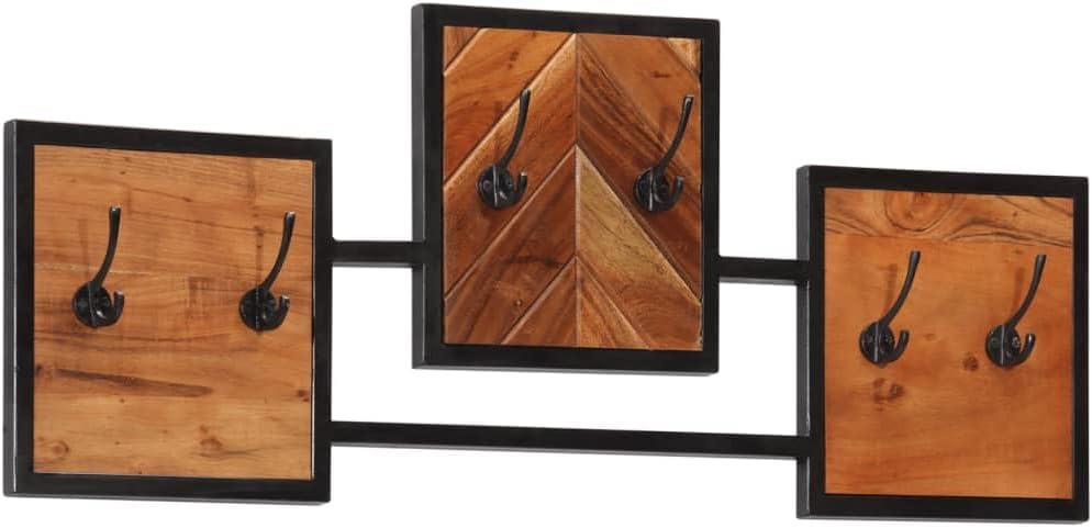 Wandgarderobe, 90 x 1 x 35 cm, Massivholz, Akazie, Eisen, 6 Haken | Robuster Eisenrahmen, massives A