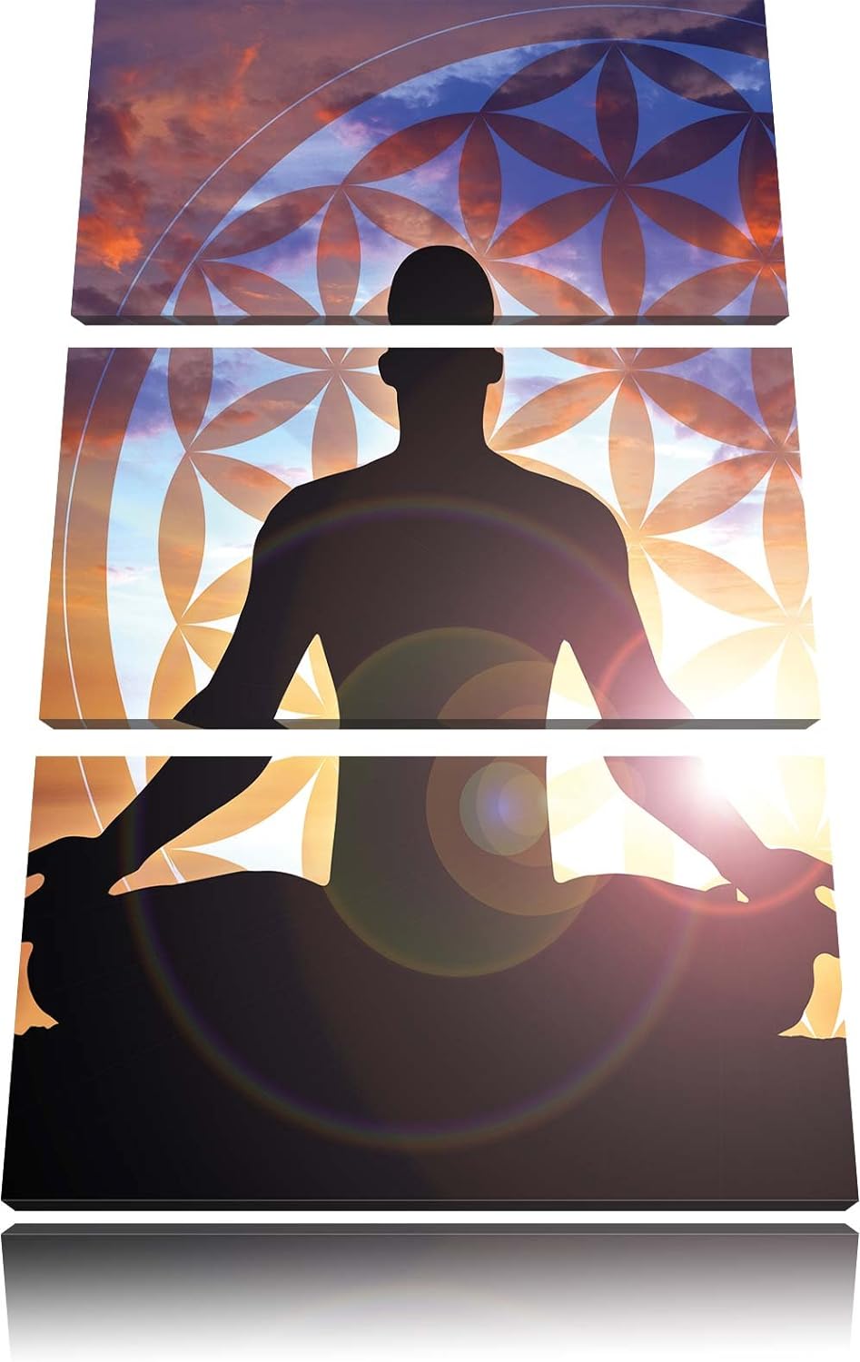 Pixxprint Meditierender Mensch Blume des Lebens 3-Teiler Leinwandbild 120x80 Bild auf Leinwand