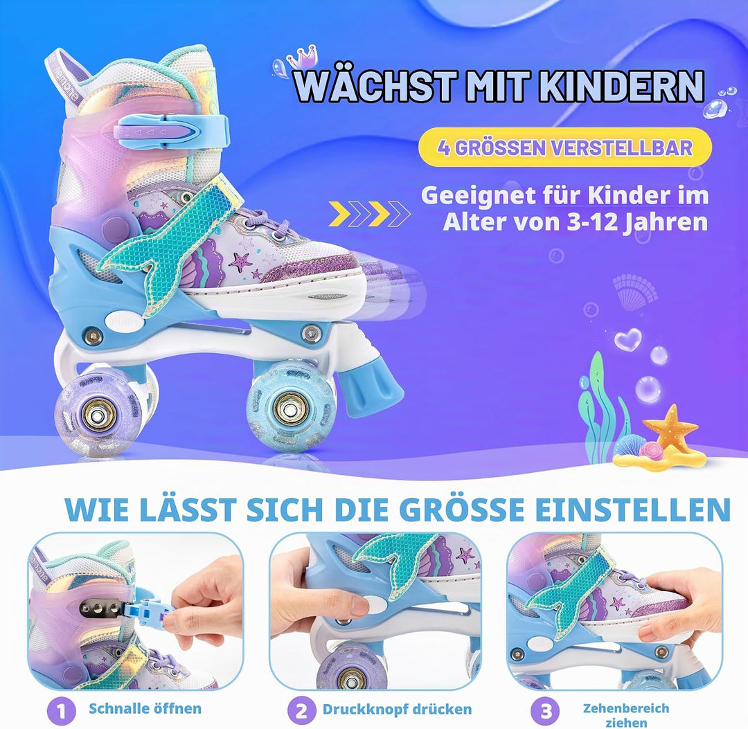 NEMONE Rollschuhe für Mädchen Kinder 4 Grössen Verstellbar Blau Violett Rollschuhe für Kinder Drinne