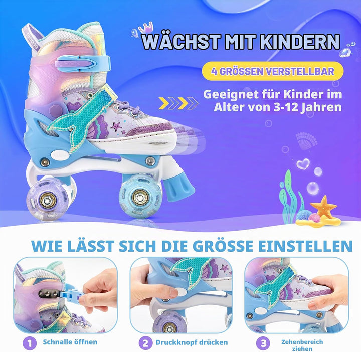 NEMONE Rollschuhe für Mädchen Kinder 4 Grössen Verstellbar Blau Violett Rollschuhe für Kinder Drinne
