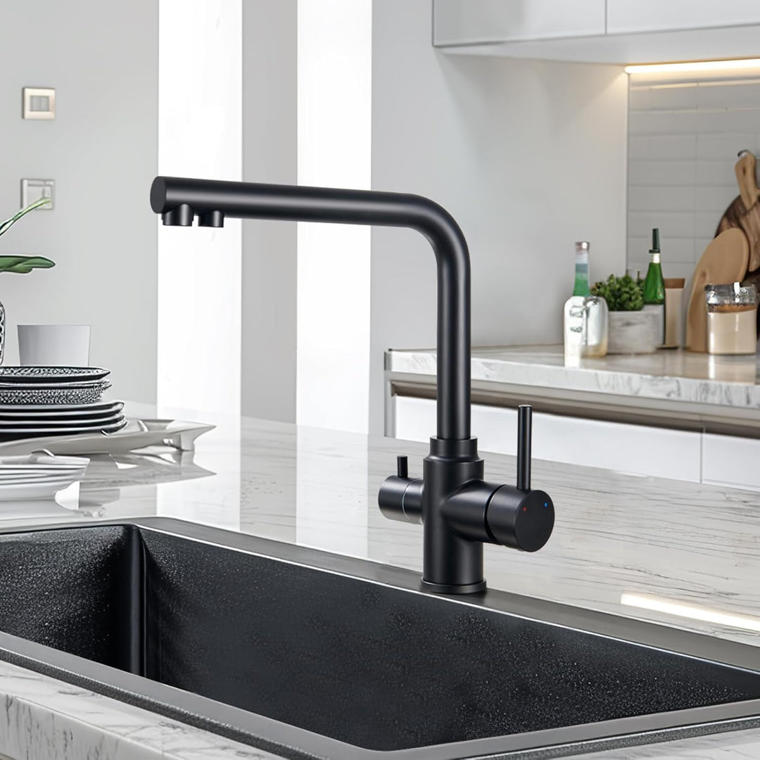 3 Wege Wasserhahn Küche Schwarz Matt, 360° Drehbar Küchenarmatur, 3 in 1 Mischbatterie Küche für Was