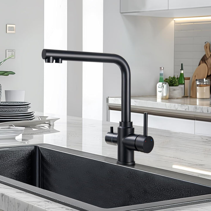 3 Wege Wasserhahn Küche Schwarz Matt, 360° Drehbar Küchenarmatur, 3 in 1 Mischbatterie Küche für Was