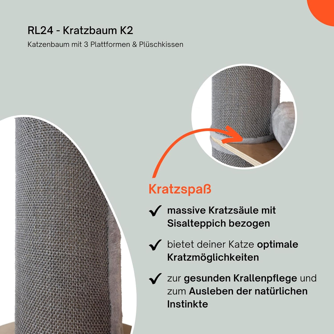 RL24 - Kratzbaum K2 – Katzenbaum mit 3 Plattformen & Plüschkissen in grau – mit Sisalteppich an der