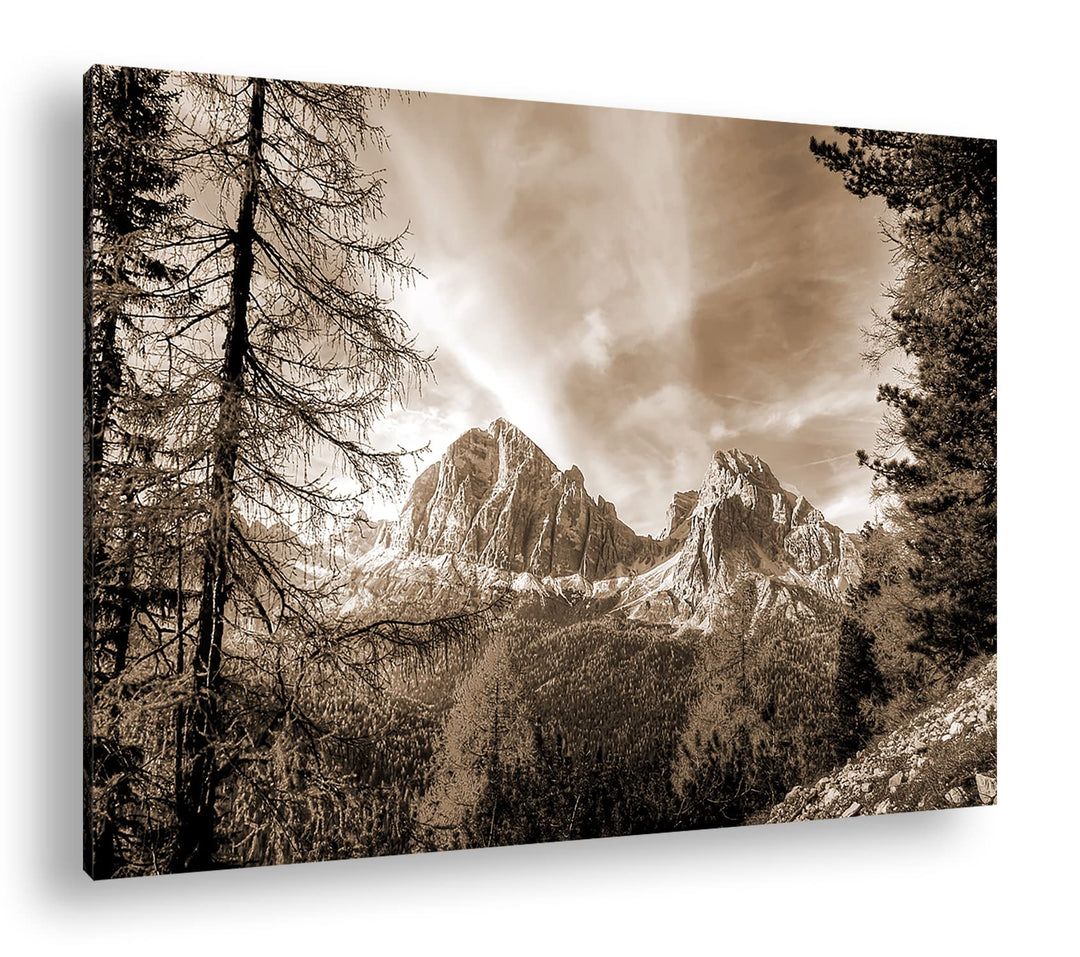 Traumhafte Berglandschaft der Dolomiten Format: 60x40 als Leinwand, Effekt: Sepia, Motiv fertig gera