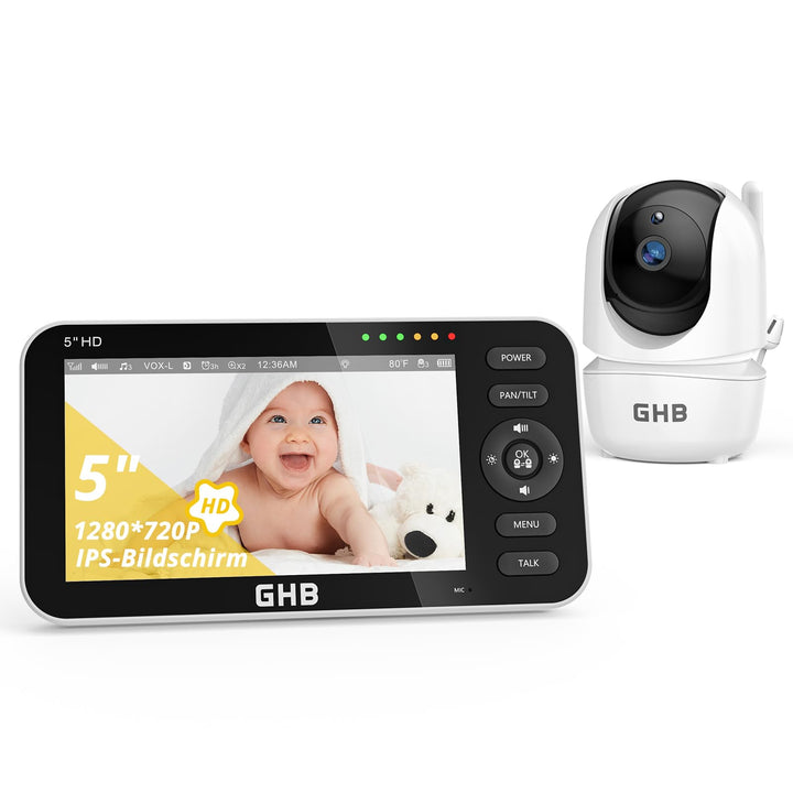 GHB Babyphone mit Kamera 5 Zoll LCD Display Babyphone Kamera VOX-Modus Gegensprechen Nachtsicht Temp