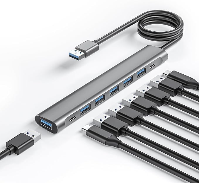 Langes USB-Hub-Kabel, 8 Anschlüsse, USB-3.0-Adapter mit 6 USB-3.0-Datenanschlüssen, USB-C-Daten, USB