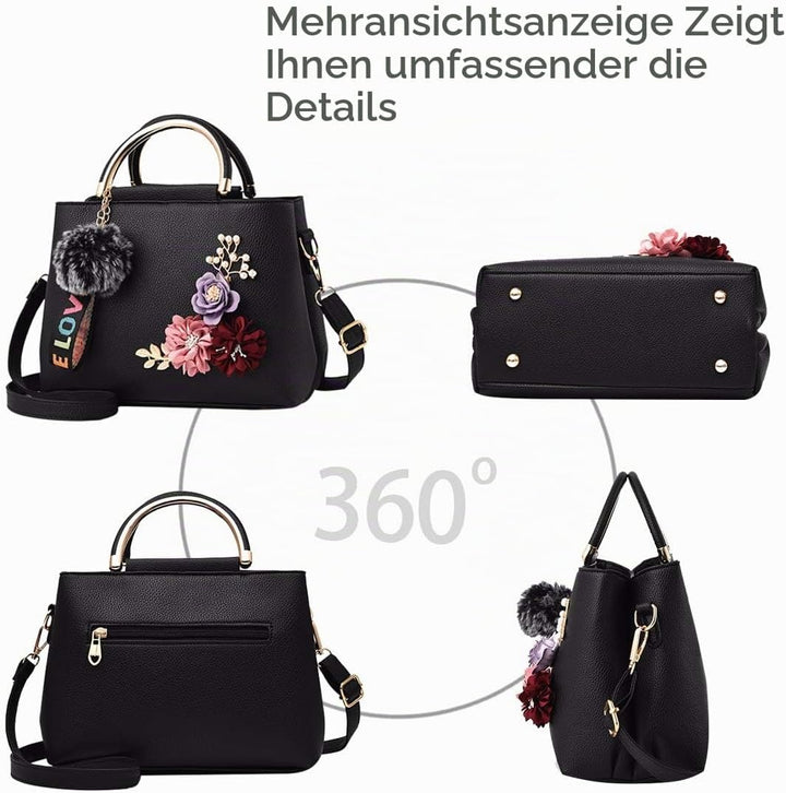 NICOLE &amp; DORIS Damen Leder Handtasche Umhängetaschen mit Blume Jahrgang Griff Tasche Designer Tote G
