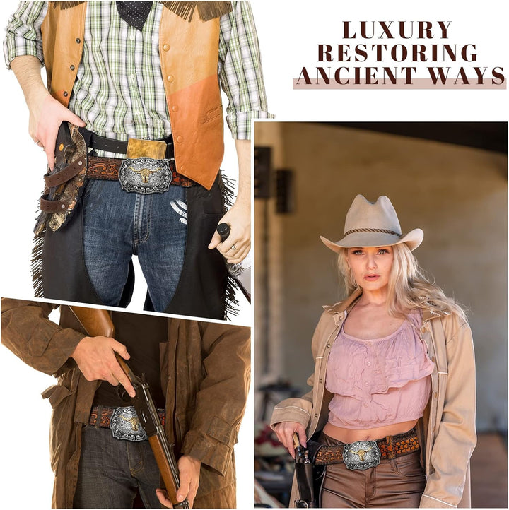 Jadive Herren Gürtel Western Cowboy Bull Leder Gürtel Schnalle mit Blumen Gravur Kamel 43 Pulgadas,