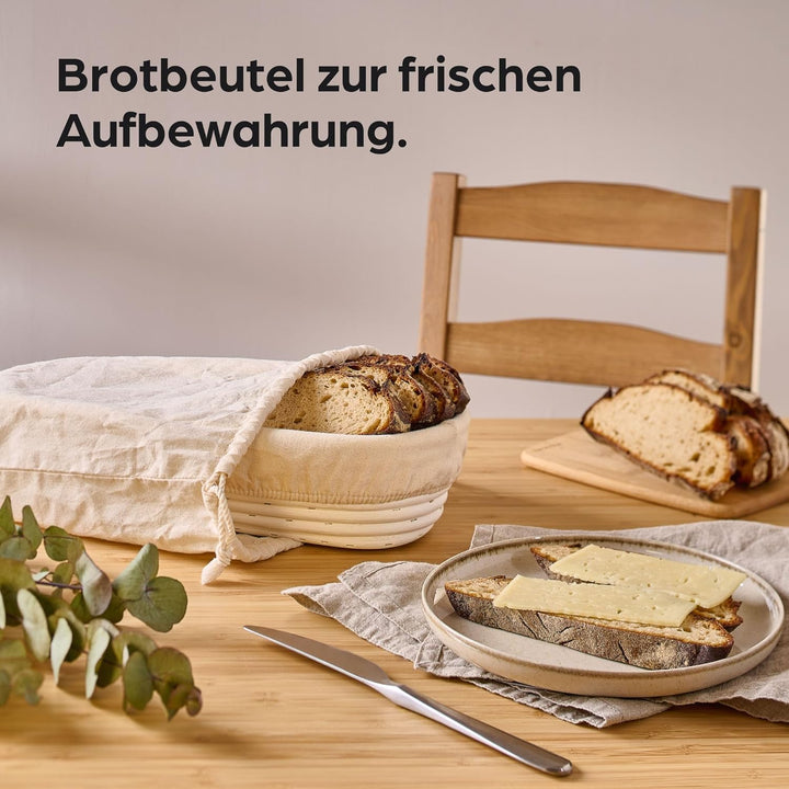 Gärkorb zum Brotbacken - Aus nachhaltigem Rattan - Oval - 35 cm - Set inkl. Bürste, Leineneinlage &