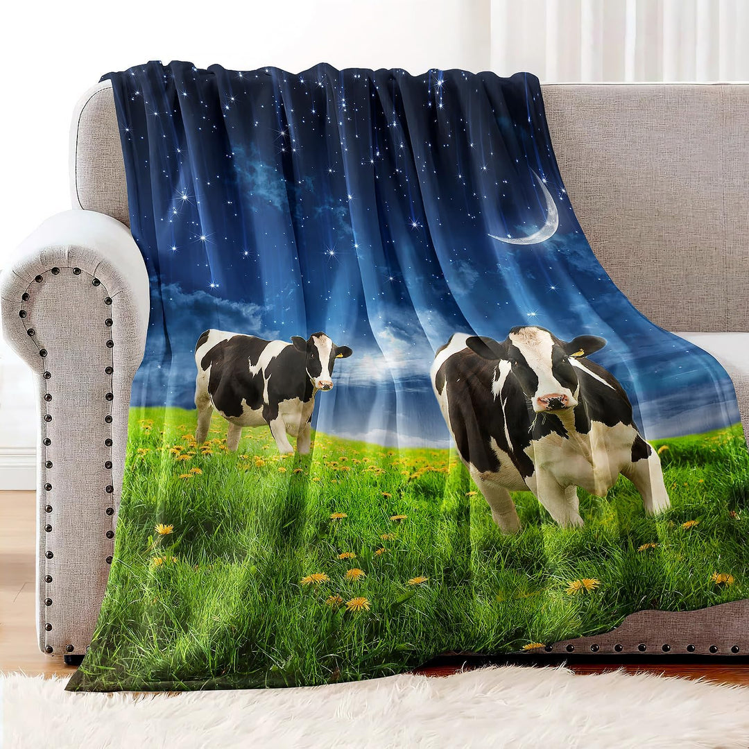 YISUMEI Decke 150x200 cmKuscheldecken Sanft Flanell Weich Fleecedecke Bettüberwurf Kühe Mond Graslan