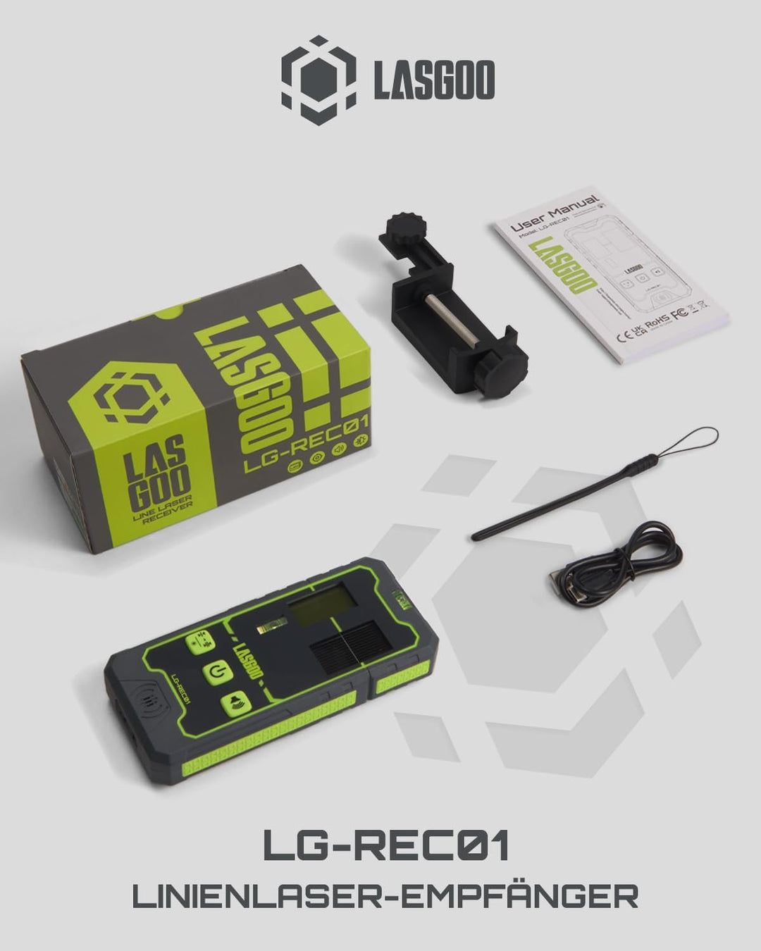 LasGoo LG-REC01 Lasersensor für Laser-Nivelliergeräte, Dual-LCD-Display, Grün- und Rotlaserstrahlen-