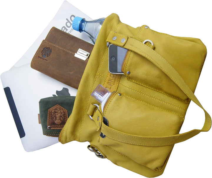 LL Baron of MALTZAHN Damen Schultertaschen FLAKONE Yellow-Corn Shopper-718 aus Leder incl. Lederpfle