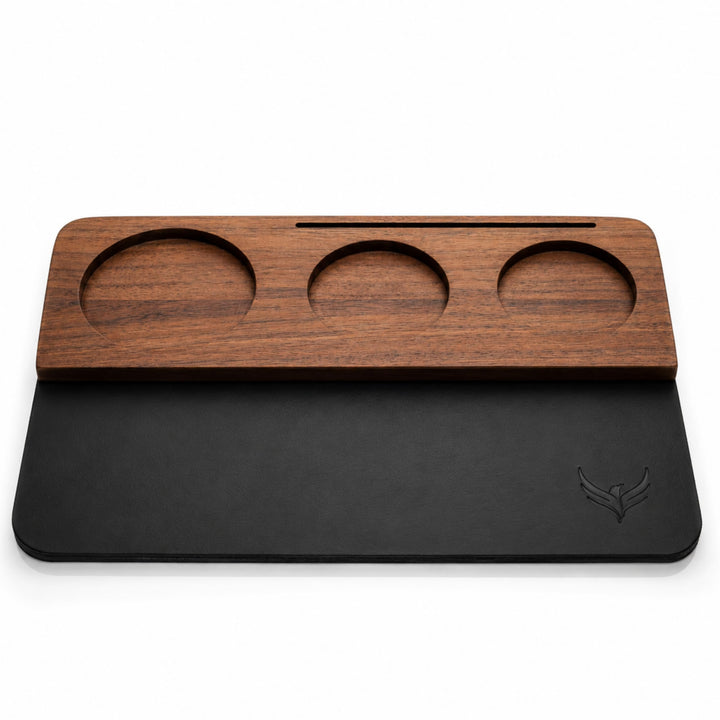 58mm Tampermatte Walnuss und Leder – Espresso Tamping Matte für Siebträgermaschine Barista Organizer