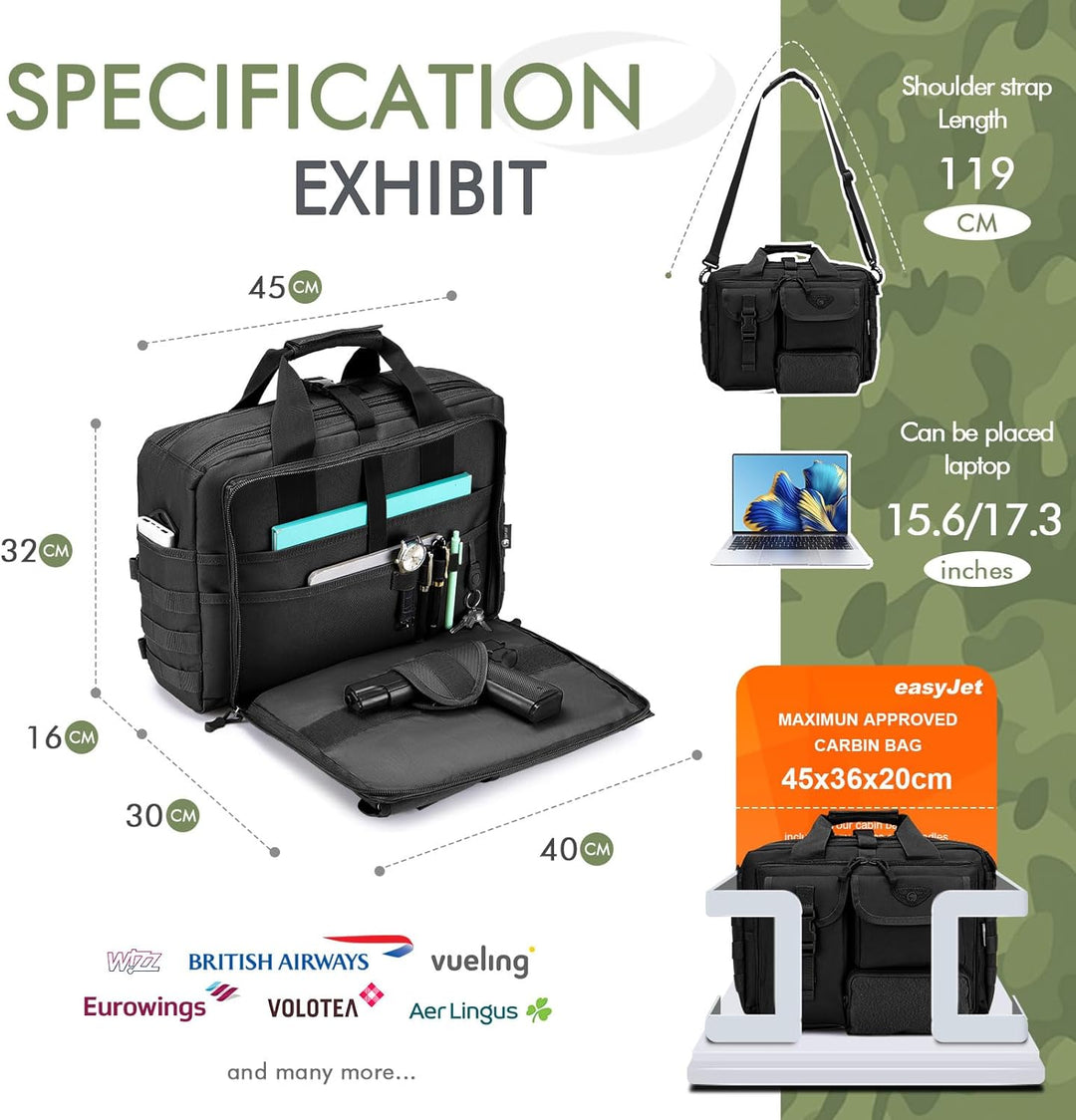 BAGZY Arbeitstasche Herren Multifunktional Taktische Tasche Range Bag Laptoptasche 14/15,6/17 Zoll A