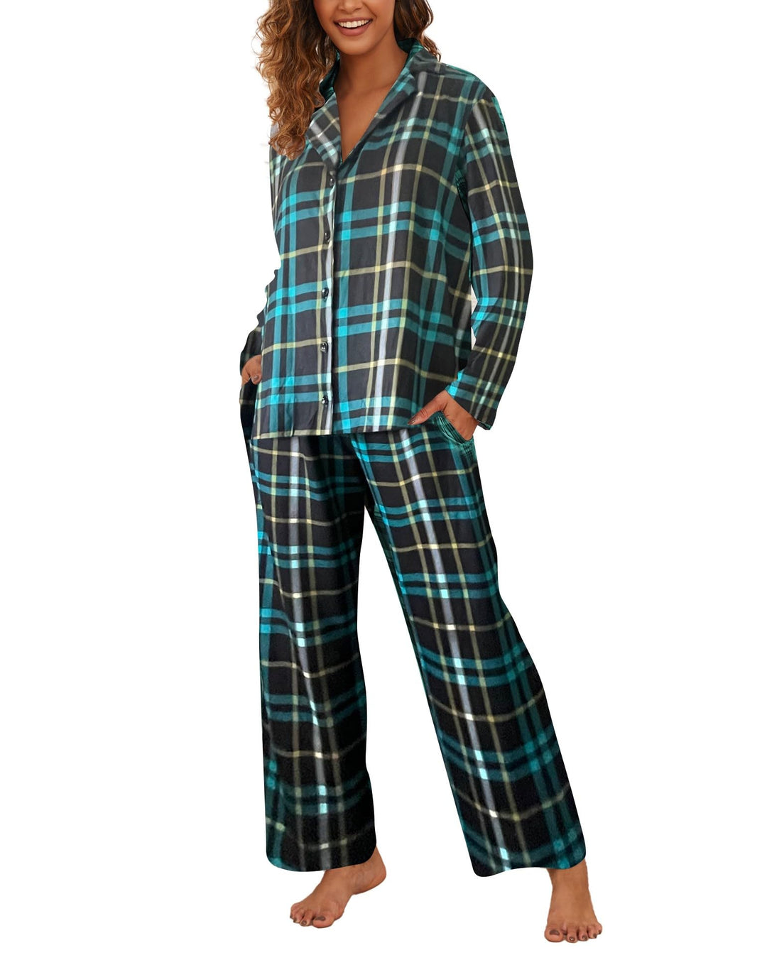 Famulily Frauen Langarm Pyjama Set Plaid Loungewear Sets Button Up Top und Wide Leg Hosen S-XXL L Gr
