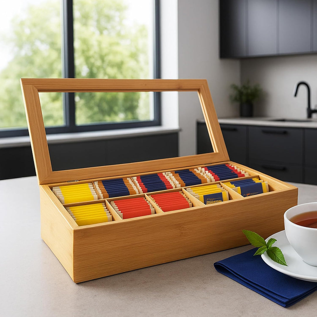 GRÄWE Teebox aus Bambus mit 10 Fächern, klappbarer Deckel, Sichtfenster, Teebeutelbox für aromagesch