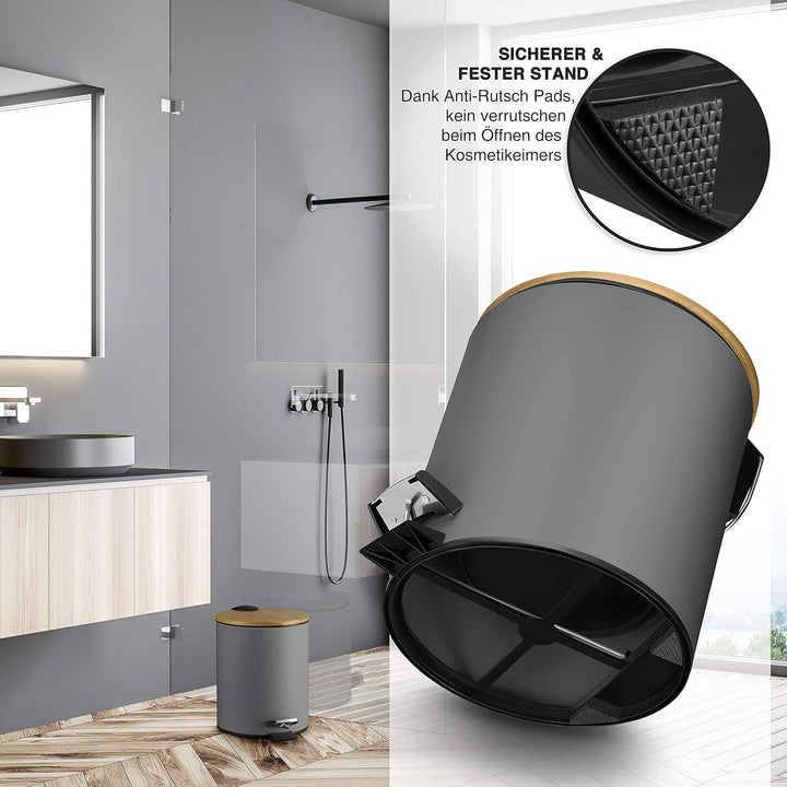 VMbathrooms 5L Kosmetikeimer in edlem grauem Design | Tretmülleimer mit Absenkautomatik (Soft Close)