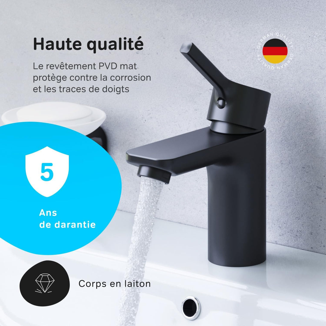 AM.PM Platzsparende Waschtischarmatur mit Zugstange und Ablaufgarnitur, Schwarz, Matt (X-Joy S FXB82