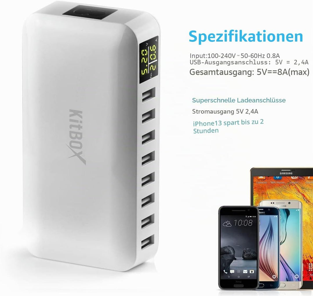 USB Ladegerät Mehrfach mit Display LED 40W USB Multi Ladegerät mit Stecker USB Ladeleiste Power Lade