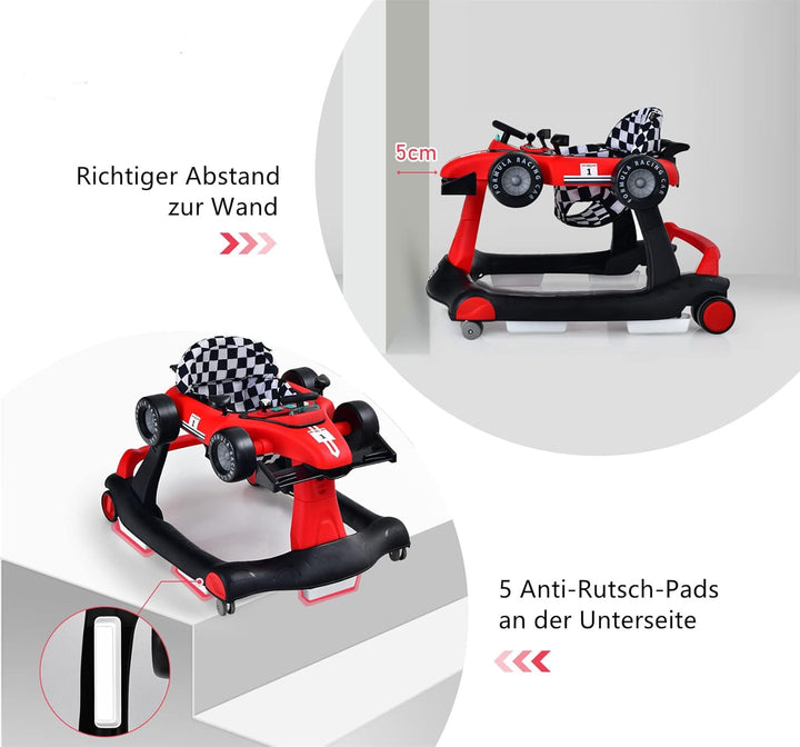 DREAMADE Lauflernhilfe, 4 in 1 Autoförmiger Lauflernwagen mit einstellbarer Geschwindigkeit, Musik &