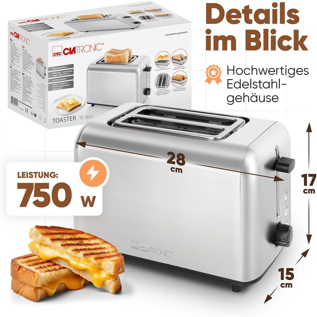 Clatronic® Toaster 2 Scheiben | integrierter Brötchenaufsatz | extra breite Toastschlitze | Auftau-/