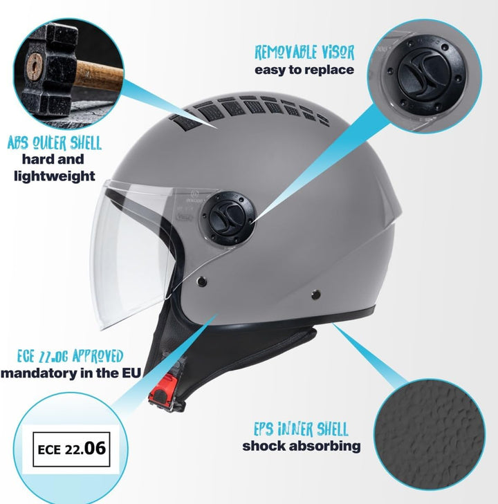 VINZ Como Jethelm mit Visier Herren und Damen | in Gr. XS-XL | Roller Helm Jet Helm Mopedhelm | ECE