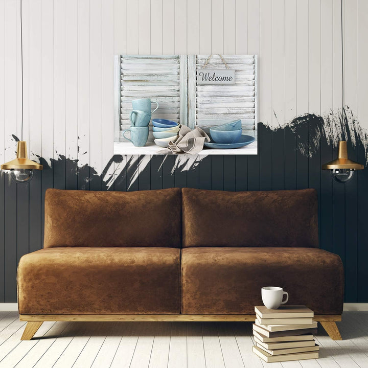 Feeby Bild auf Vlies Leinwand Tassen Und Teller 90x60 cm Kunstdruck Modern Wandbilder Deko Flur Wohn