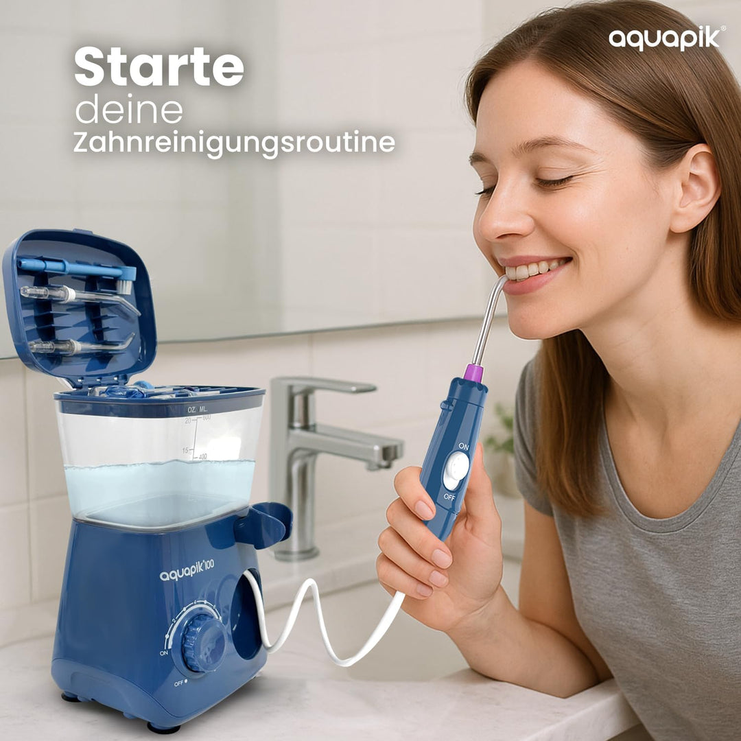 Aquapik® 100 professionelle Munddusche | Plaqueentferner + von Zahnärzten empfohlen | 8 Düsen, 10 Dr
