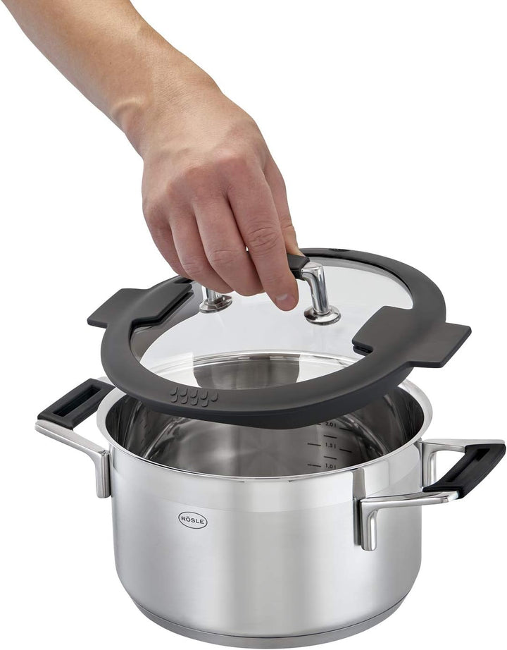 RÖSLE SILENCE PRO Topf-Set 4-teilig, hochwertiges Universaltopfset mit 3 Kochtöpfen und 1 Stielkasse