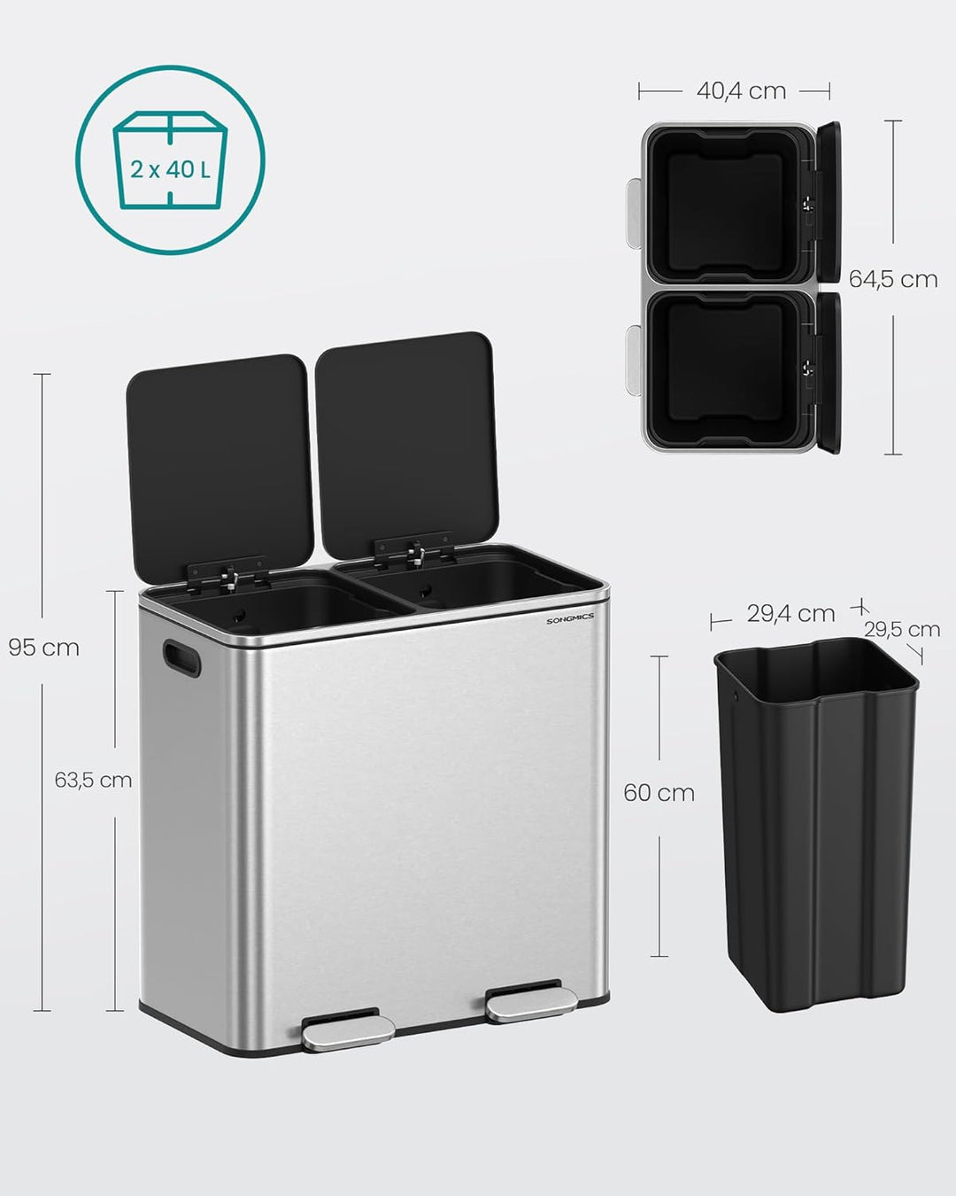 SONGMICS Mülleimer, 2 x 40 Liter, 2 Fächer, Mülltrennsystem, Treteimer, Abfalleimer Küche, 15 Müllsä
