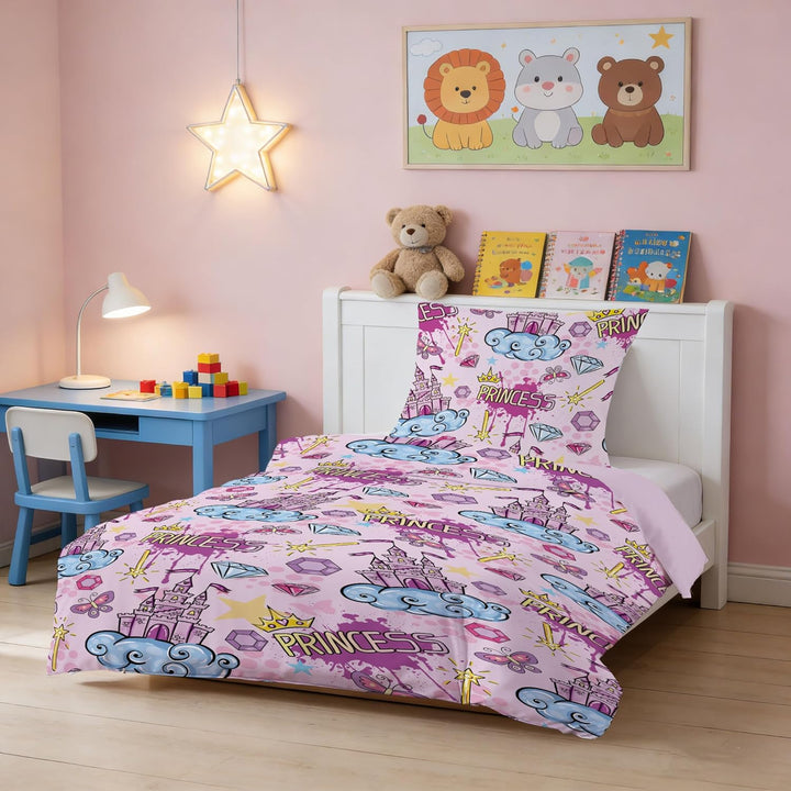 DJDEA Rosa Burg Bettwäsche 135 x 200 cm Kinder Weich Mikrofaser, Burg Motiv Bettwäsche-Sets mit Reis