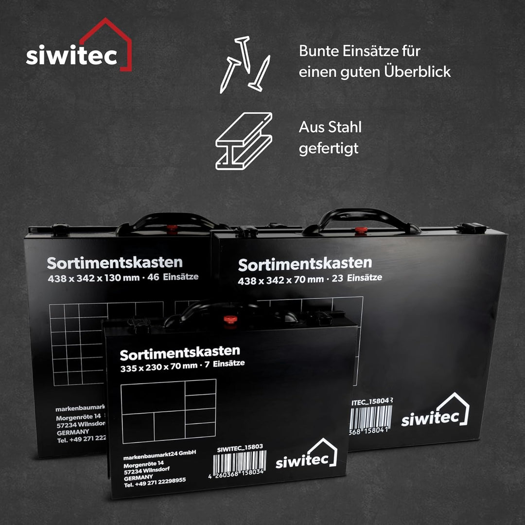 Stahlblechkoffer mit 23 tlg. Sortimentskasten, 43,1 x 33,5 x 6,8 cm, Sortierbox aus Edelstahl, Werkz