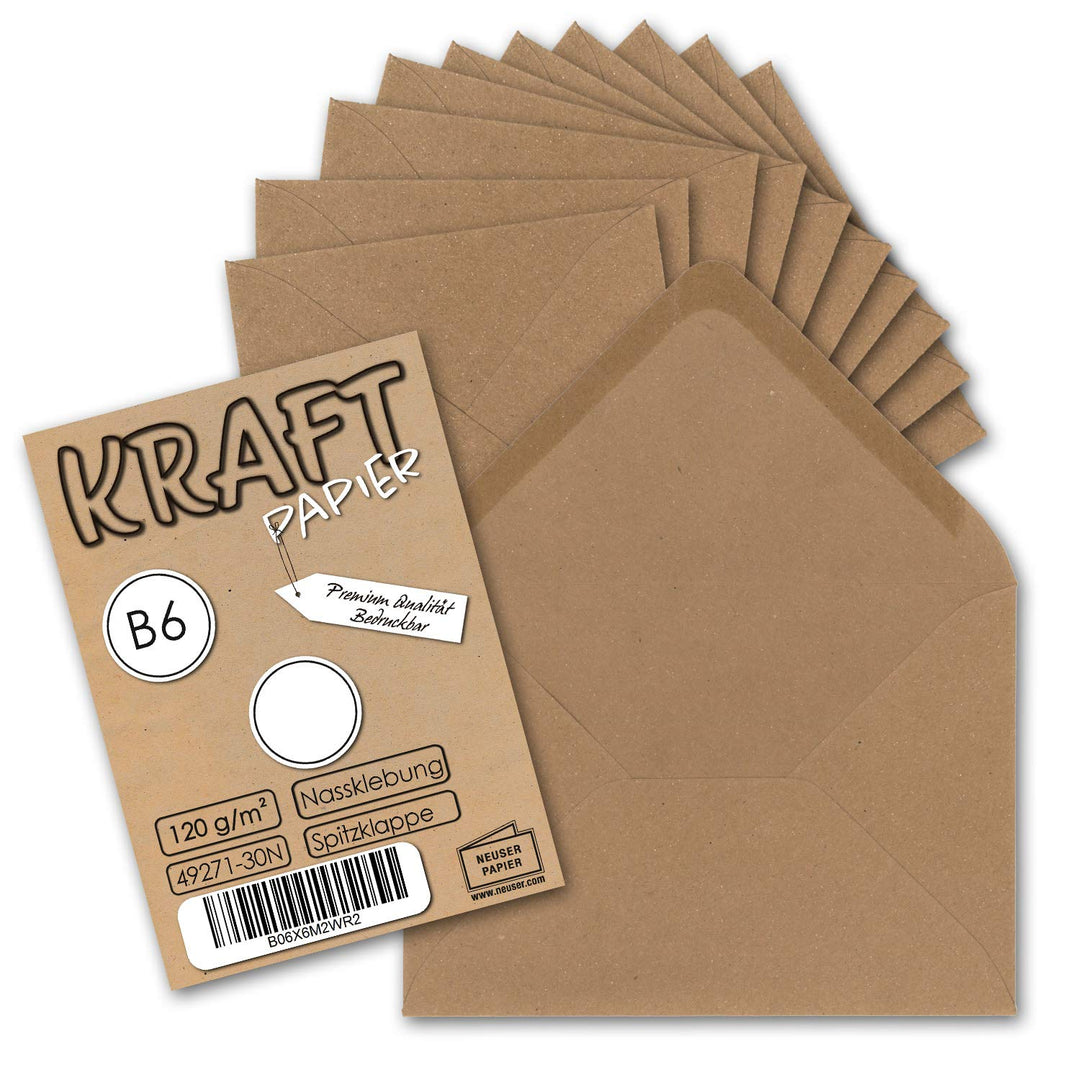 200x Vintage-Umschläge DIN B6 125 x 178 mm Kraftpapier 120 g/m² braun Recycling Brief-Umschläge Nass