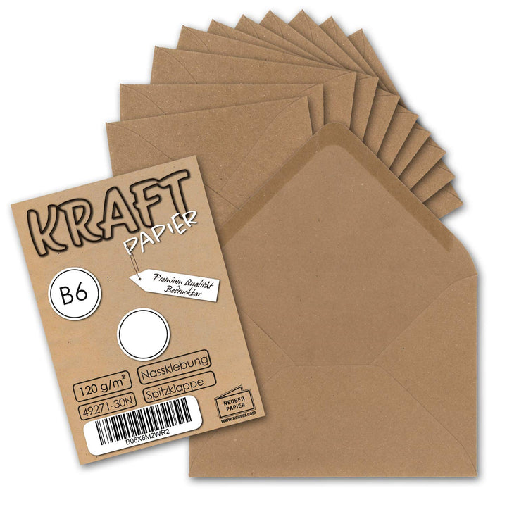 200x Vintage-Umschläge DIN B6 125 x 178 mm Kraftpapier 120 g/m² braun Recycling Brief-Umschläge Nass