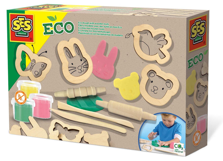 SES Creative 24917 – Eco Knete Set mit Holzwerkzeugen, Umweltfreundlich, Fördert Motorik und Kreativ