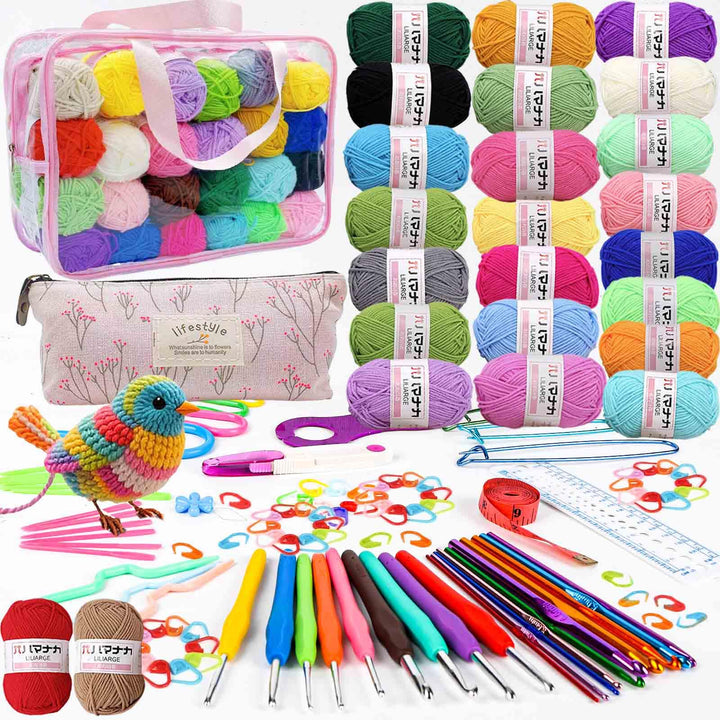 Häkelwolle Set,114pcs Häkelset für Anfänger mit 24*25g Häkelgarn,Ergonomische Häkelnadeln Stricknade